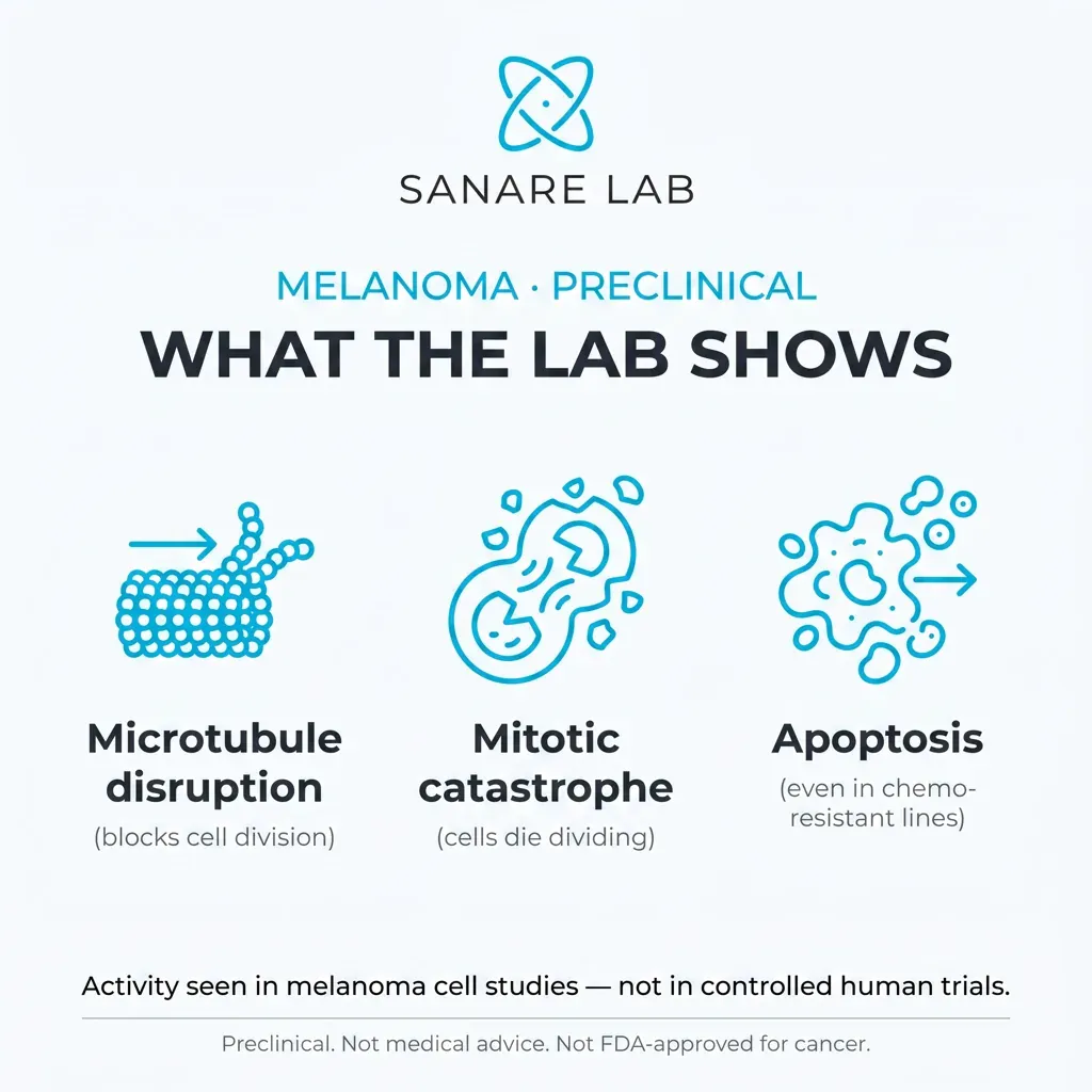 Fenbendazole melanoma preclinical infographic: microtubule disruption, mitotic catastrophe and apoptosis in melanoma cell lines, even chemo-resistant ones