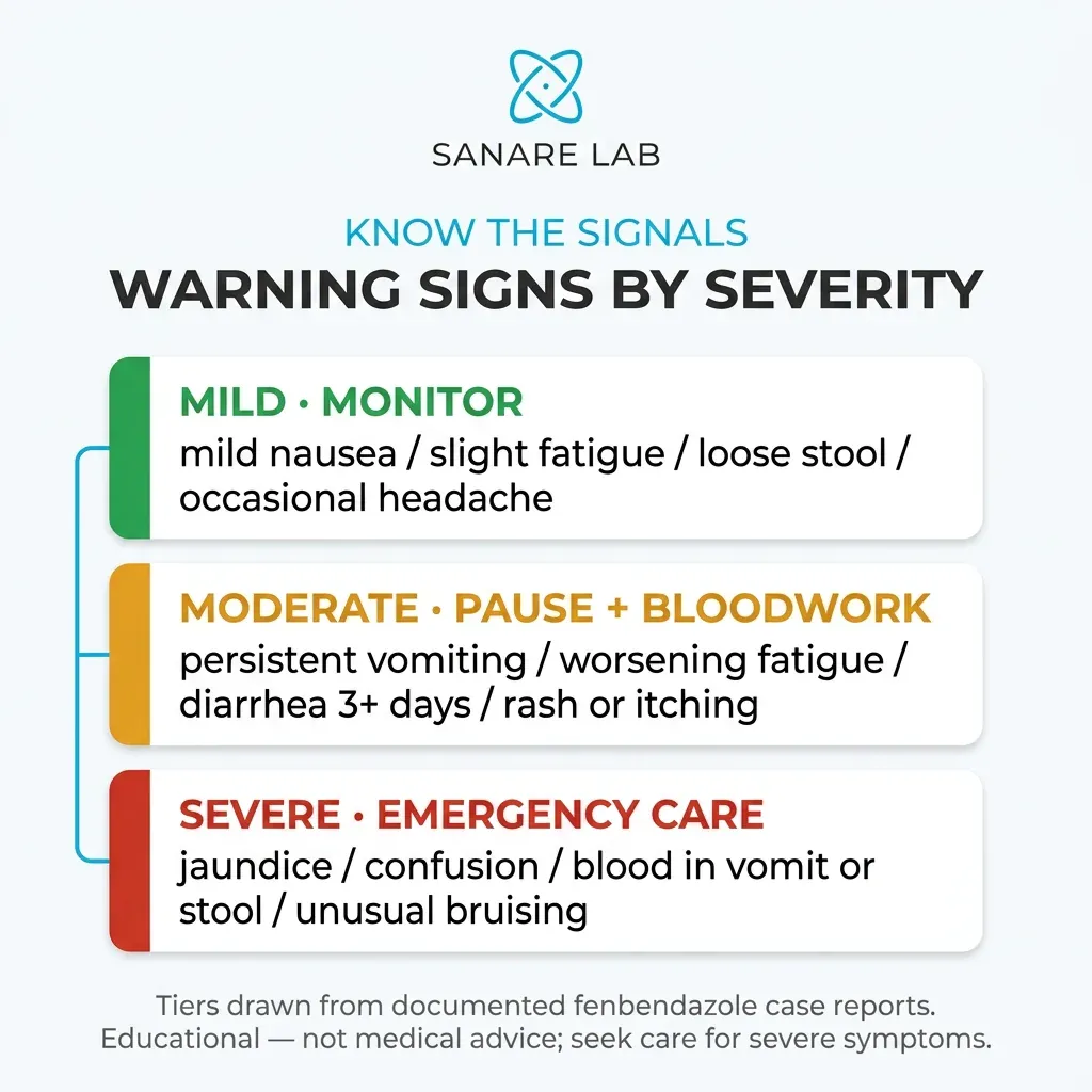 Fenbendazole side effects severity chart showing mild, moderate, and severe warning signs requiring different levels of medical action