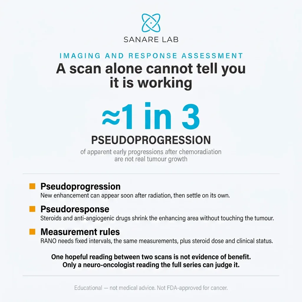 Glioblastoma imaging caveats: about 1 in 3 early apparent progressions after chemoradiation are pseudoprogression, not real tumour growth; RANO criteria needed.