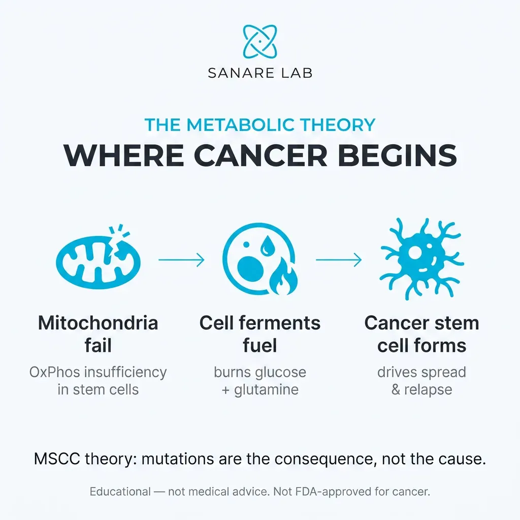 Metabolic theory of cancer infographic showing failing mitochondria driving fermentation and cancer stem cell formation, the ISOM protocol rationale 2026