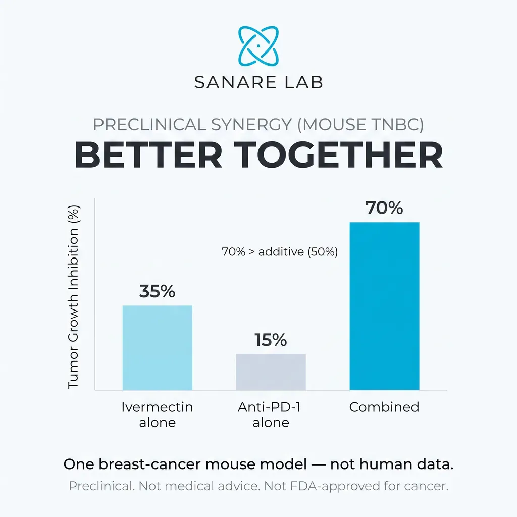 Bar chart of a breast-cancer mouse model: ivermectin alone 35 percent, anti-PD-1 alone 15 percent, combined 70 percent exceeding the additive 50 percent.