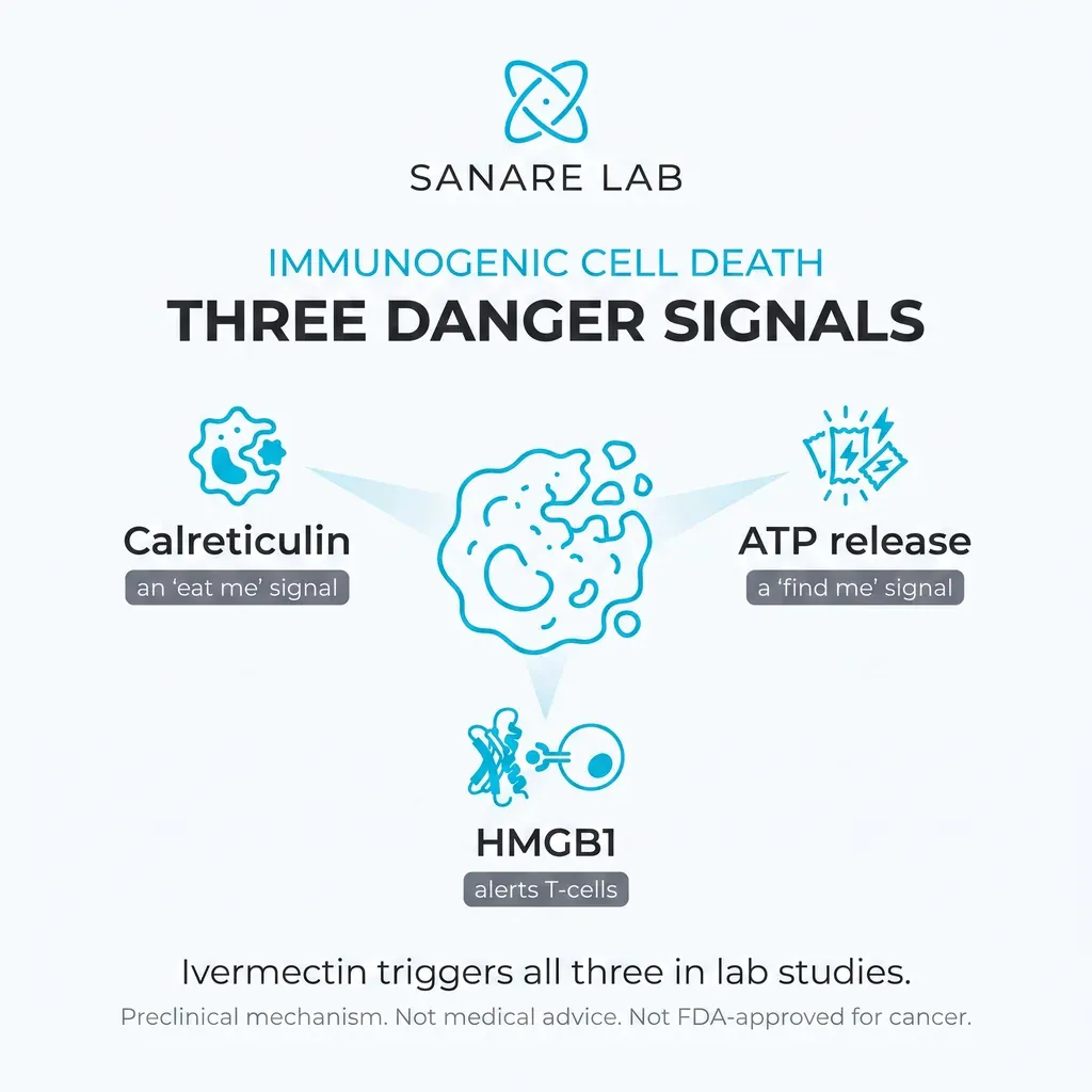 Diagram of the three immunogenic cell death danger signals: calreticulin eat-me signal, ATP find-me signal, and HMGB1 alerting the T-cells.