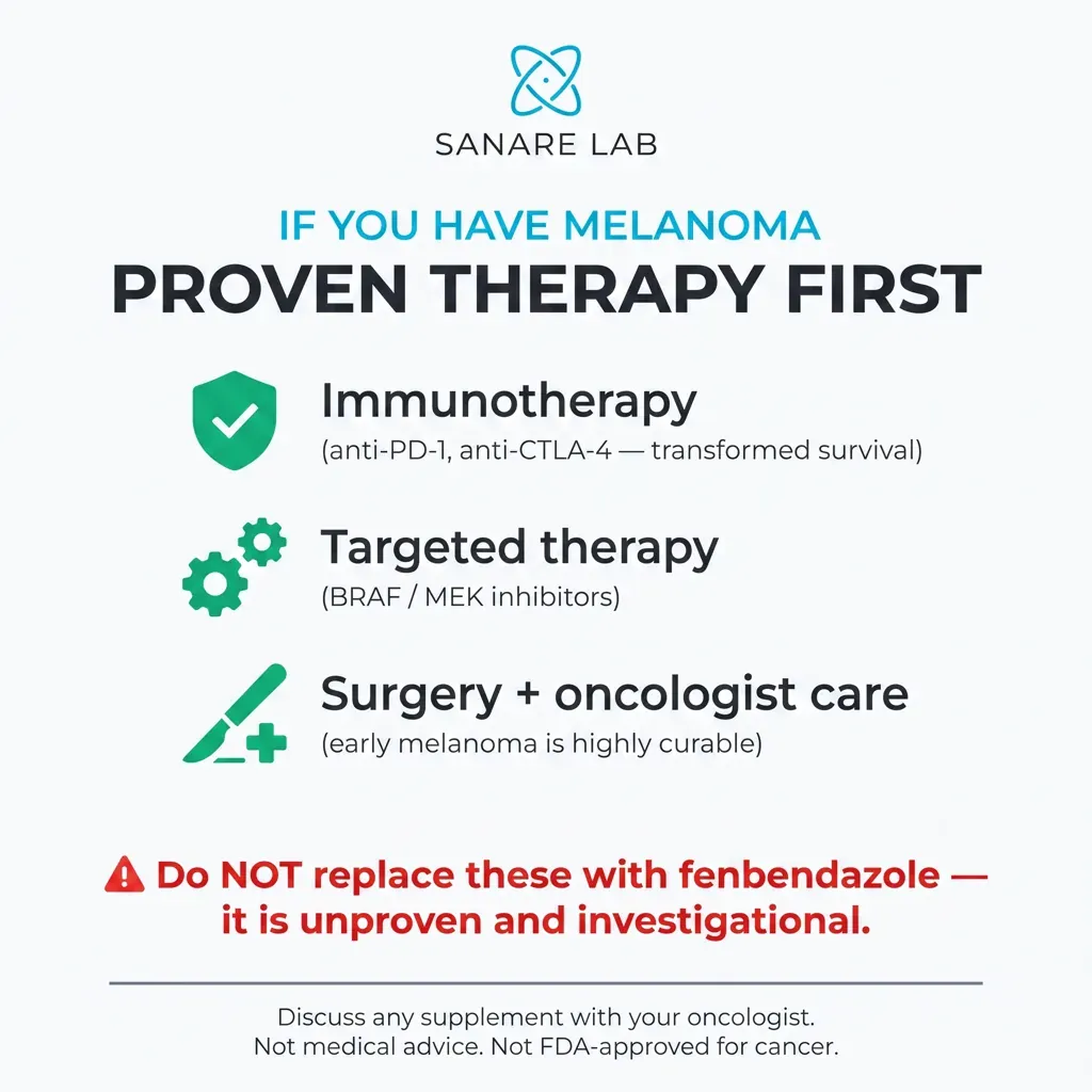 Melanoma proven-therapy-first infographic: immunotherapy, BRAF/MEK targeted therapy and surgery, warning not to replace them with unproven fenbendazole