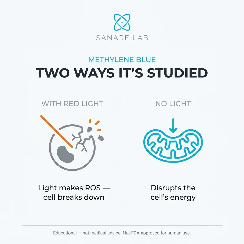 Two mechanisms of methylene blue in cancer research: photodynamic therapy with red light activation and mitochondrial targeting without light exposure 2026