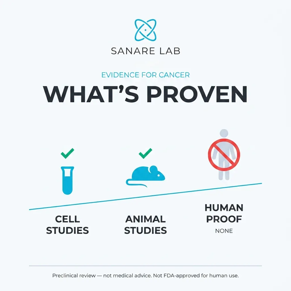 Evidence levels for methylene blue in cancer: cell studies proven, animal studies proven, no completed human clinical trials as of 2026