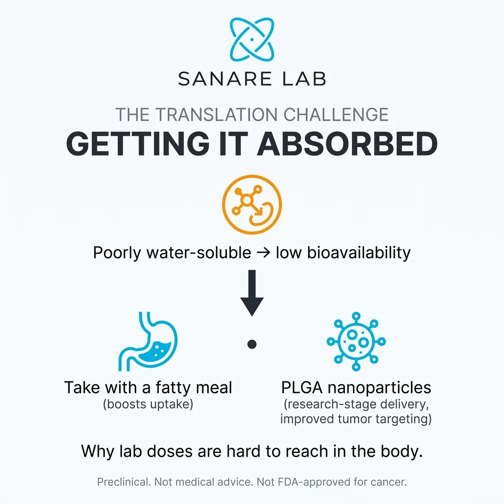 The translation challenge: fenbendazole is poorly water-soluble with low bioavailability, addressed by a fatty meal and research-stage PLGA nanoparticles.