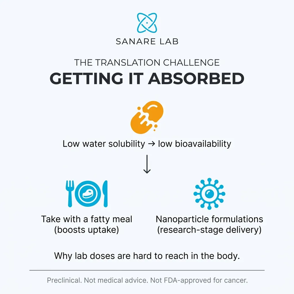 The translation challenge: fenbendazole low water solubility means low bioavailability, helped by a fatty meal and research-stage nanoparticles.