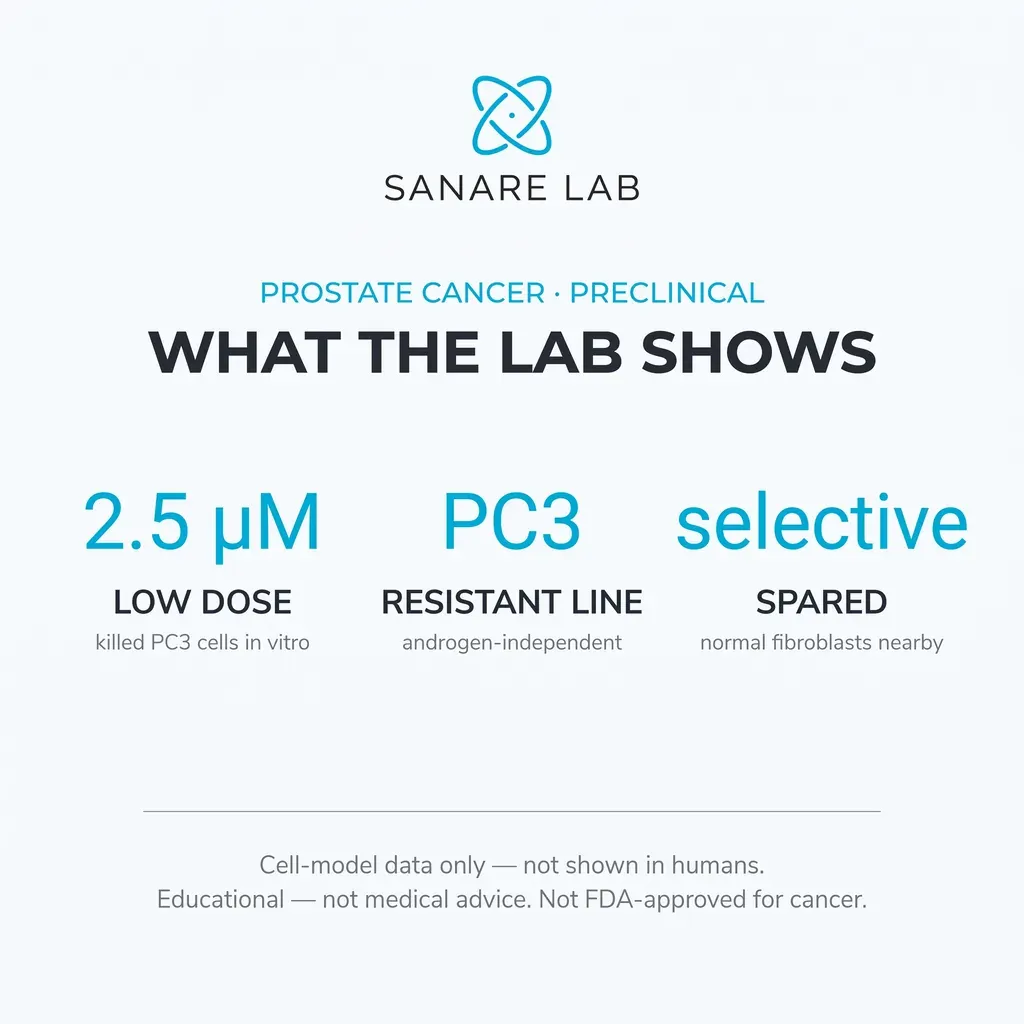 Preclinical prostate lab summary: a low 2.5 micromolar dose killed resistant PC3 cells in vitro while sparing nearby normal fibroblasts.