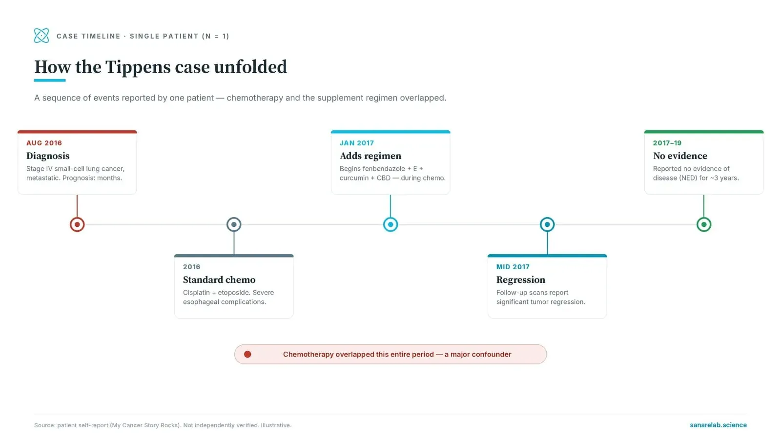 Timeline of Joe Tippens case — diagnosis in August 2016, chemotherapy, fenbendazole regimen in January 2017, tumor regression, NED 2017-2019