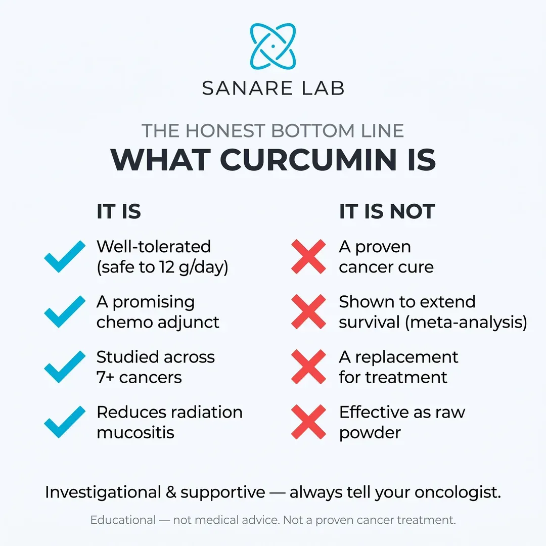 What curcumin is and is not for cancer: well-tolerated chemo adjunct studied across 7+ cancers, but not a proven cure or survival-extending treatment (2026)