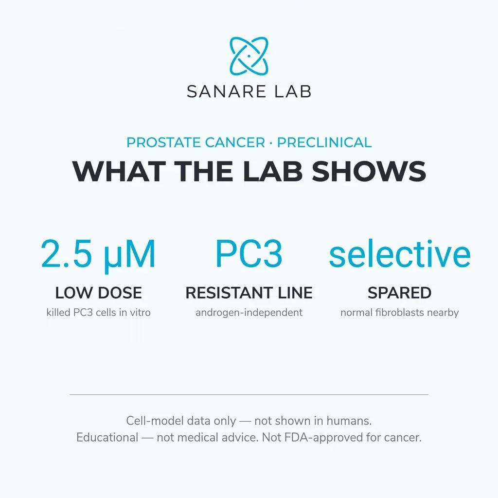 Preclinical prostate lab summary: a low 2.5 micromolar dose killed resistant PC3 cells in vitro while sparing nearby normal fibroblasts.