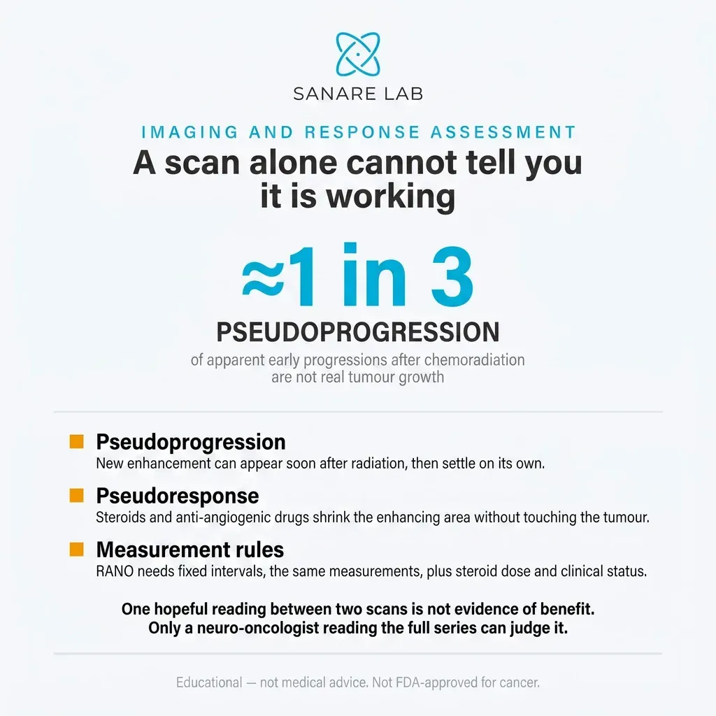 Glioblastoma imaging caveats: about 1 in 3 early apparent progressions after chemoradiation are pseudoprogression, not real tumour growth; RANO criteria needed.