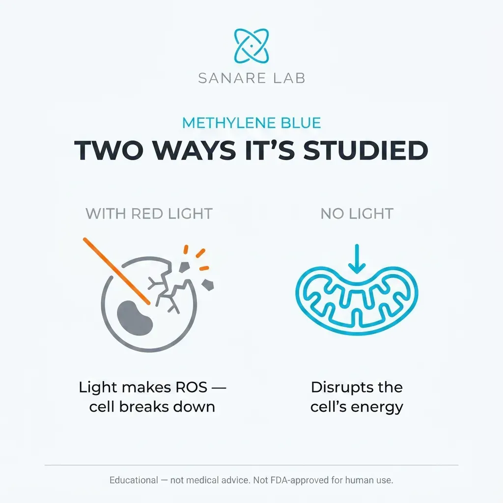 Two mechanisms of methylene blue in cancer research: photodynamic therapy with red light activation and mitochondrial targeting without light exposure 2026