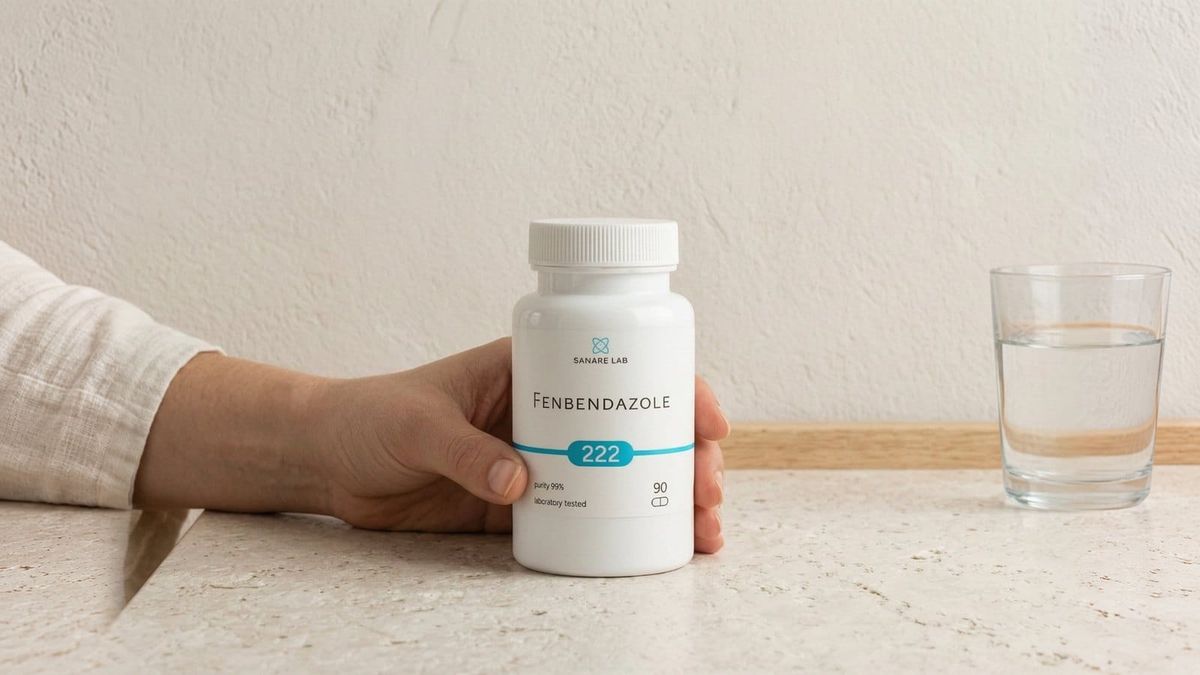 Hand holding a Sanare Lab Fenbendazole 222 mg bottle (90 capsules) on a stone countertop next to a glass of water