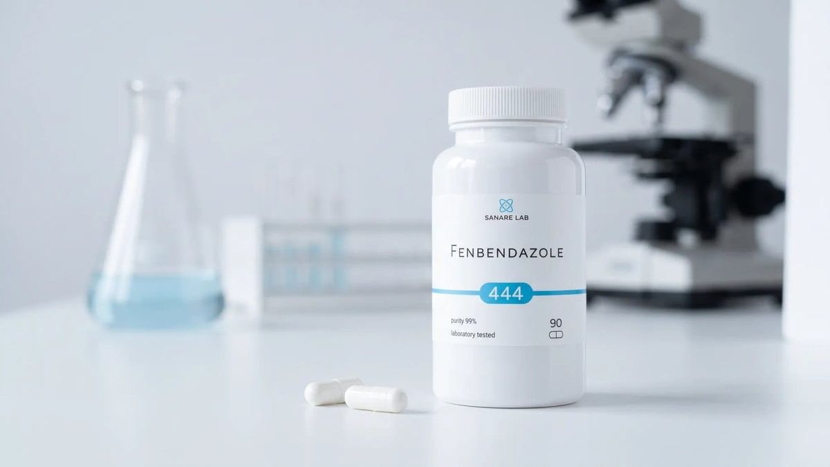 Sanare Lab Fenbendazole 444 mg bottle with capsules on a laboratory bench, microscope and glassware in the background