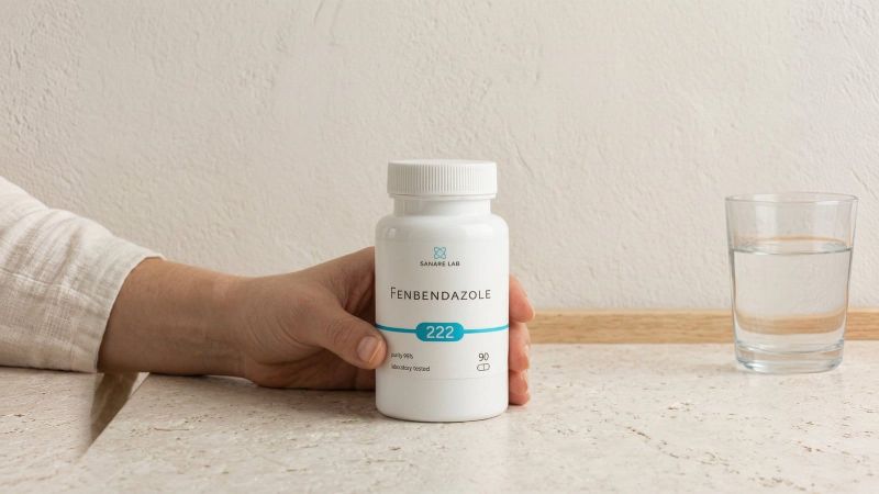 Hand holding a Sanare Lab Fenbendazole 222 mg bottle (90 capsules) on a stone countertop next to a glass of water