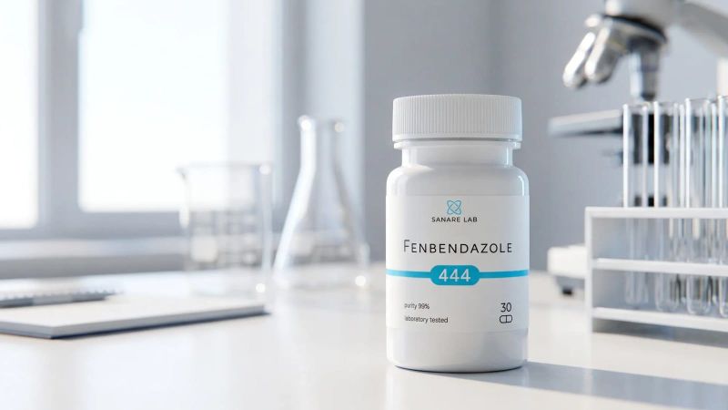 Sanare Lab Fenbendazole 444 mg bottle, 30 capsules, on a lab desk with a microscope and test tubes