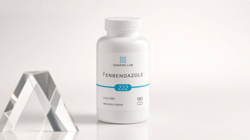 Sanare Lab Fenbendazole 222 mg bottle, 180 capsules, on a white surface next to a clear glass prism