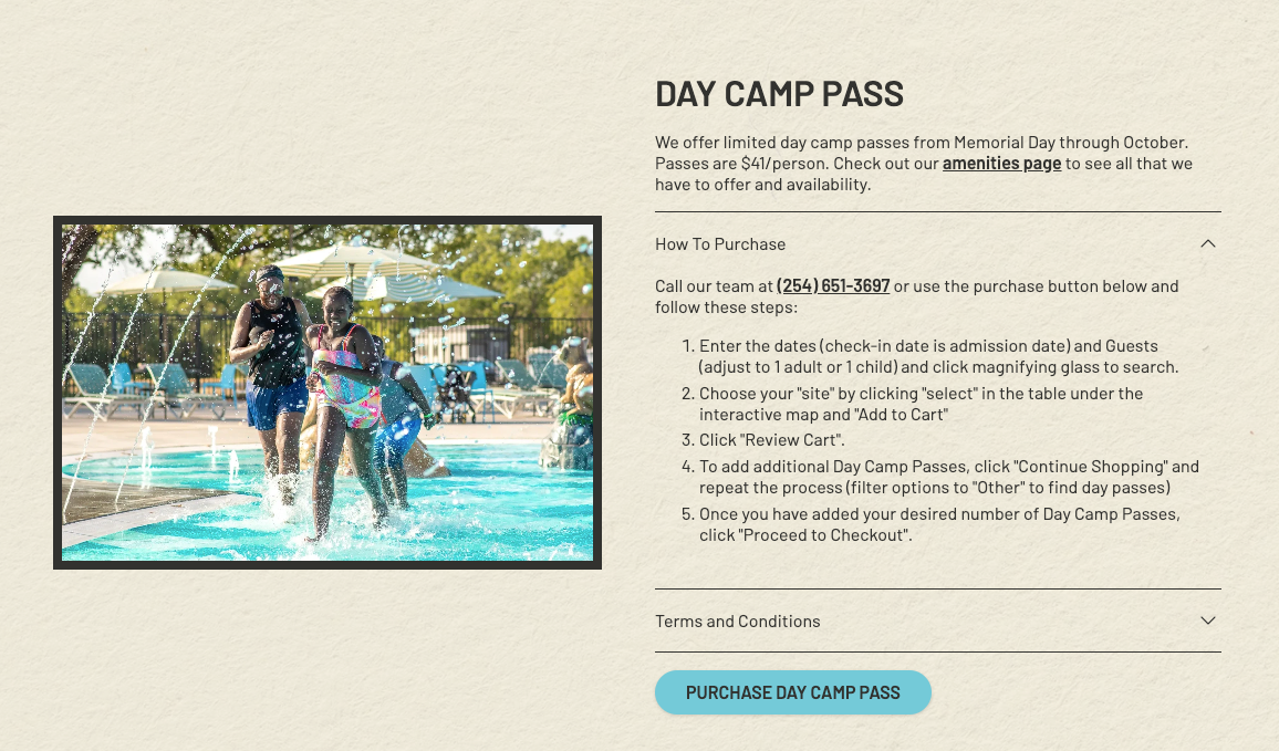 Screenshot of Camp Fimfo Waco Day Camp Pass Option