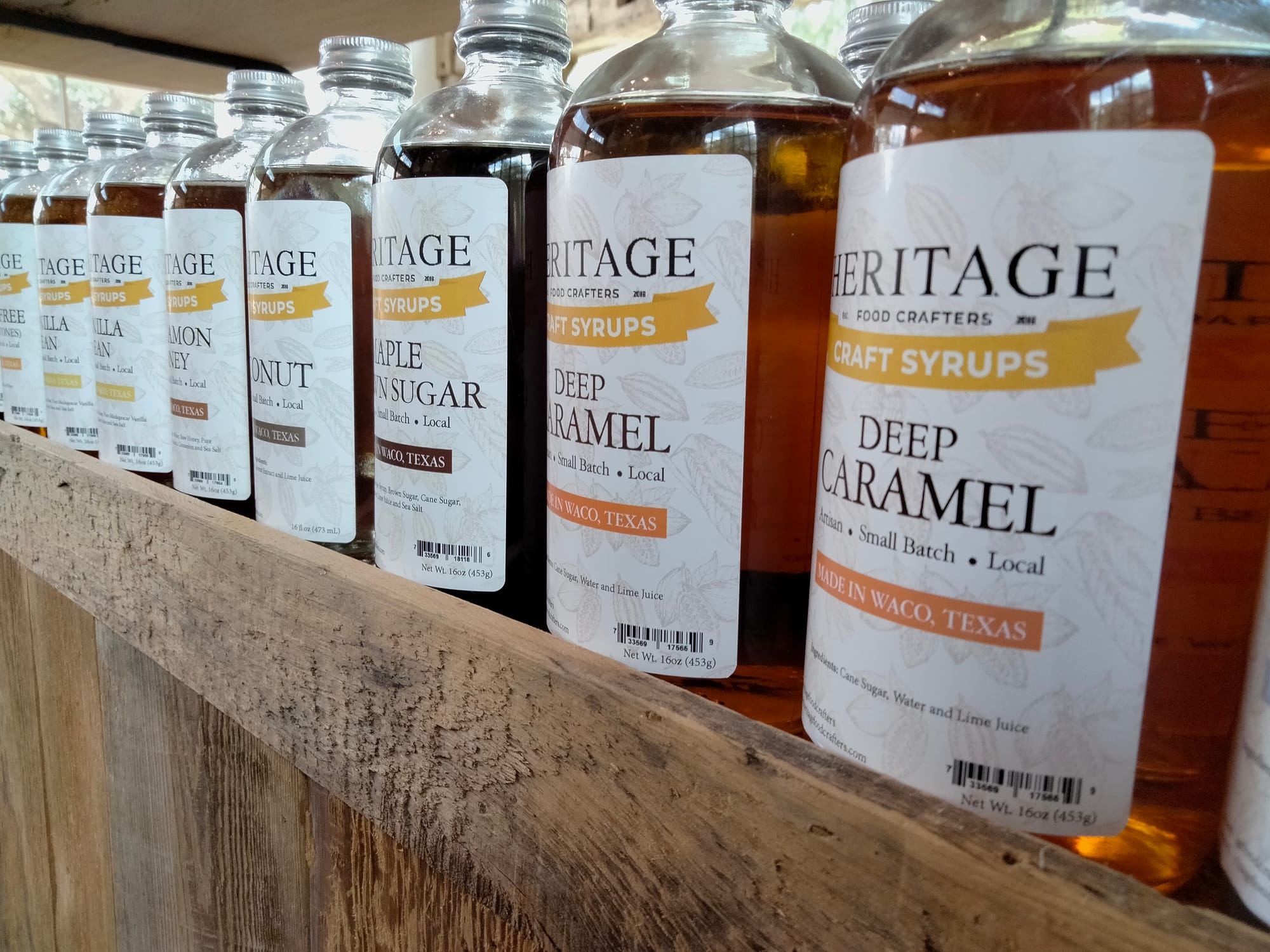 Coffee syrups at Heritage Coffee, a coffee shop in Waco