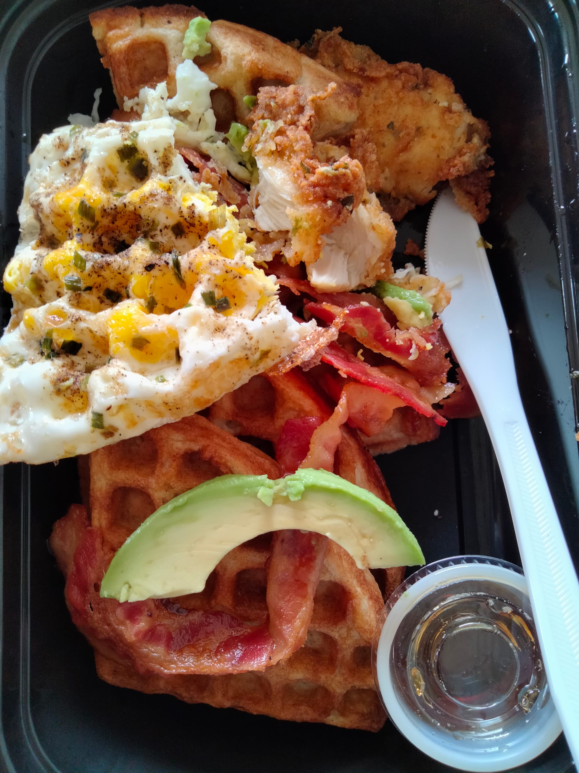 The Waffle Chic "Split Decision" waffle with eggs, bacon and chicken