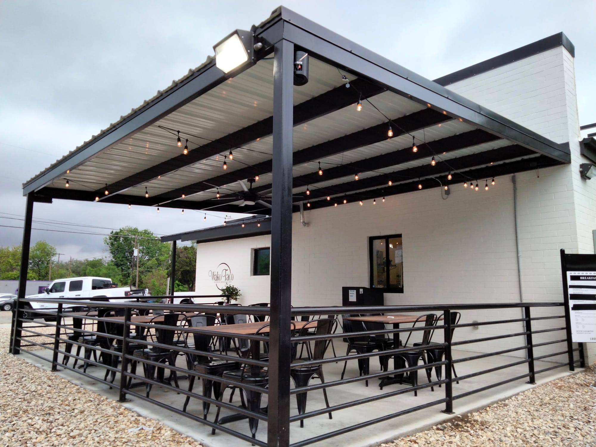 A covered seating area outside of Wako Taco; one of the best places to eat in Waco