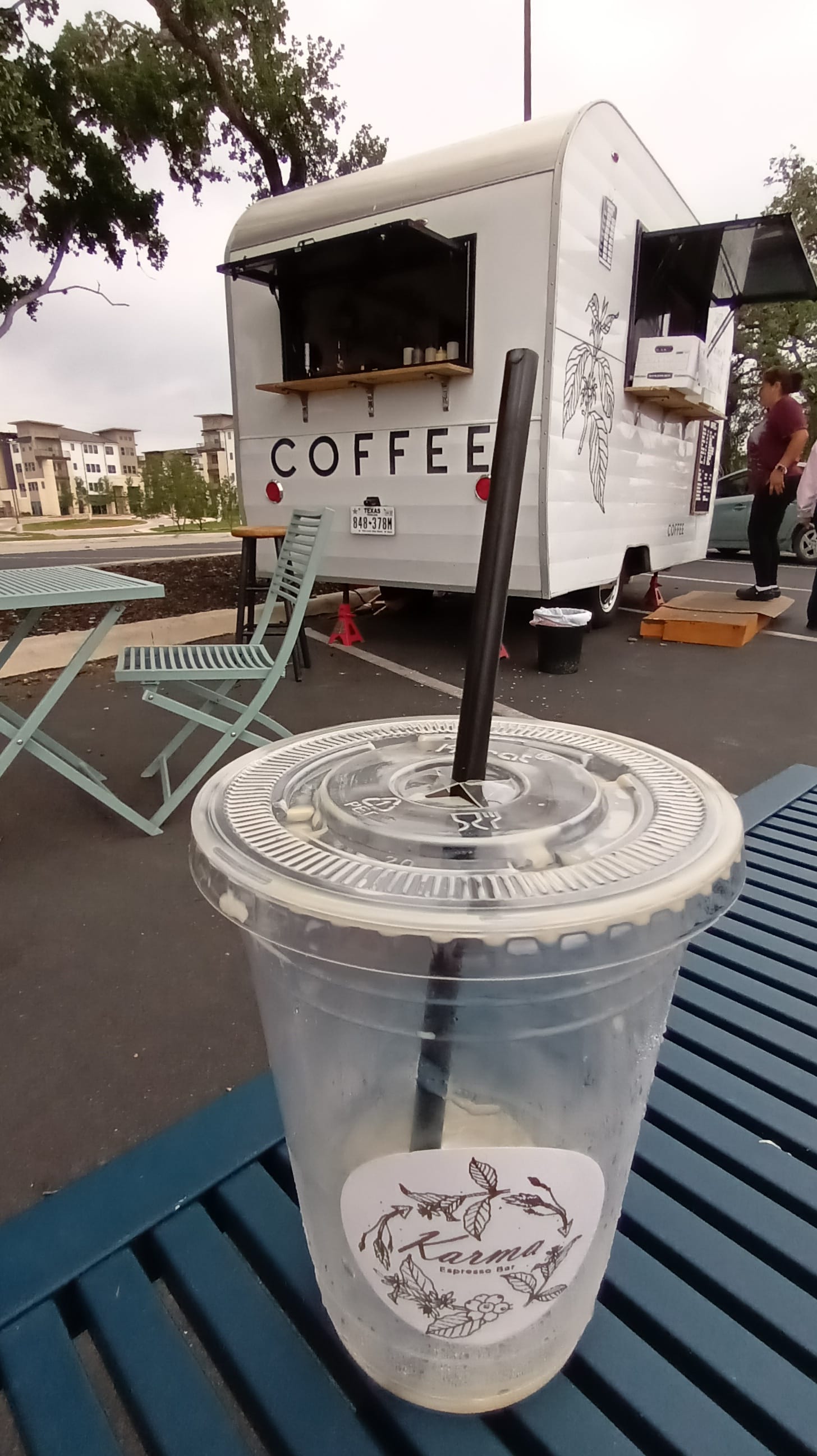 an empty cup that was my Spanish Latte from Karma Espresso Bar in Alamo Ranch, San Antonio