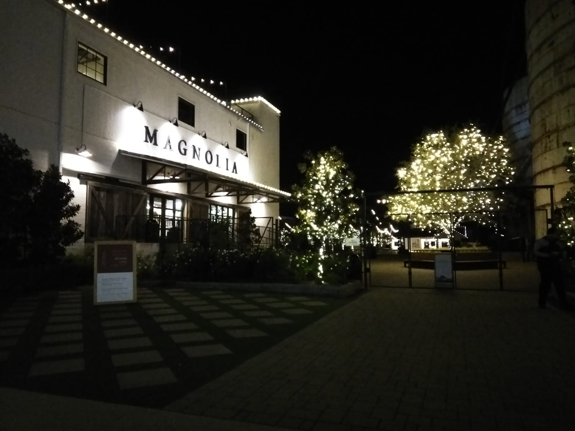 Nighttime shot of the Magnolia building at The Silos at Magnolia in Waco, TX