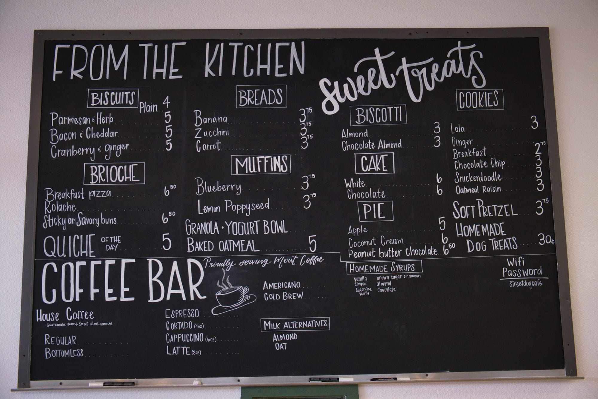 The chalkboard menu that changes on a regular basis at Street Dog Cafe in Waco, Tx