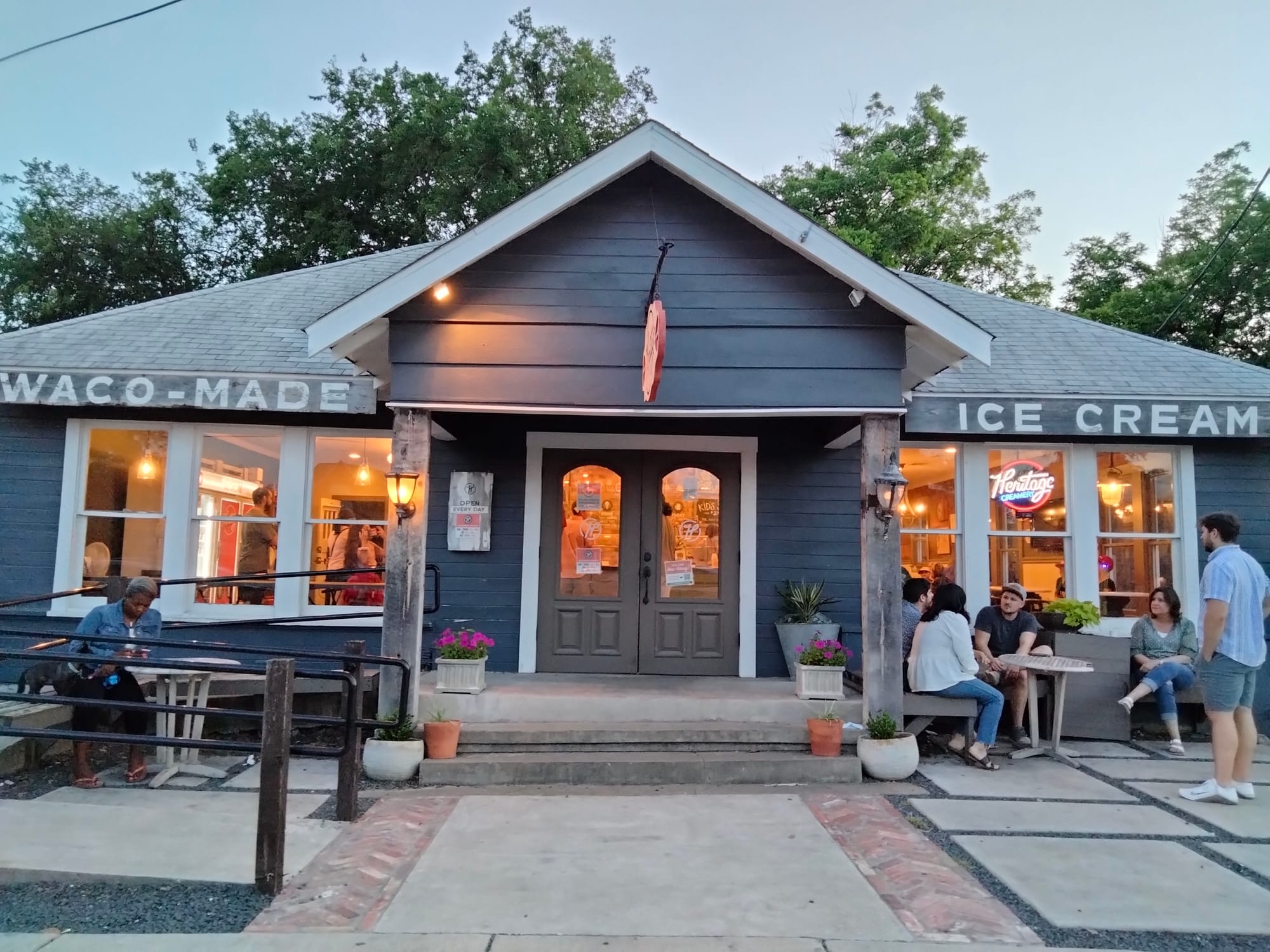 The front entrance of Heritage Creamery, a local ice cream and dessert shop in Waco, TX