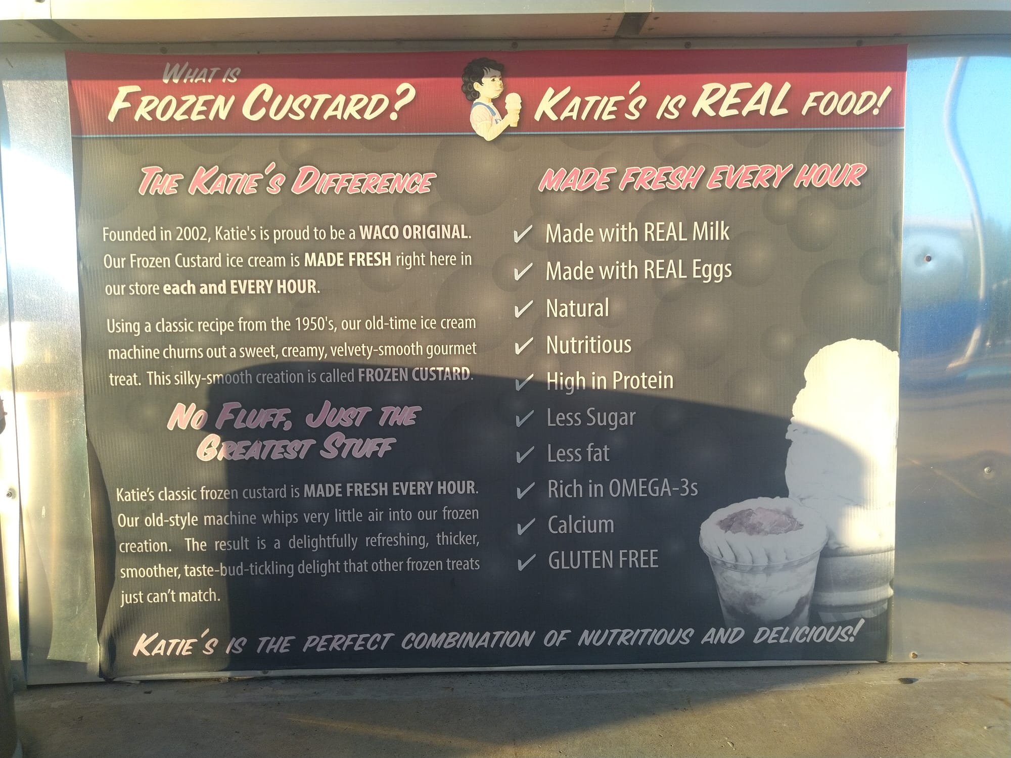 Ingredient Banner at Katie's Frozen Custard in Waco highlighting all of the ingredients and benefits of their local Waco dessert offers