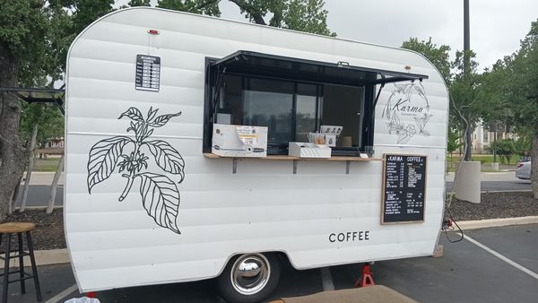 the karma espresso coffee truck sitting in the parking lot of HEB in Alamo Ranch, San Antonio