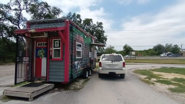 The Cajun Coffee Shack built from a converted tiny house on wheels located off of Potranco Road in San Antonio, TX