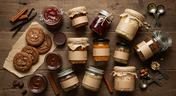 A flat lay presentation of chocolate cookies with sea salt, various canned goods, measuring cups and other baking items