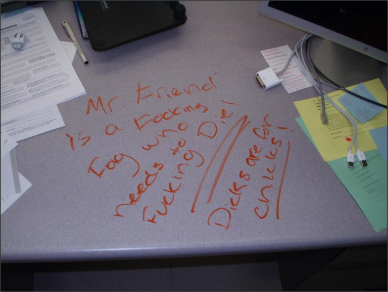 Vandalized Desk Surface of a teacher's desk with writing in orange marker: Mr. Friend is a Fucking Fag who needs to Fucking Die! Dicks are for chicks!