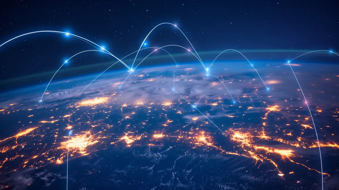 an image that shows informations that flow to various destinations around the world
