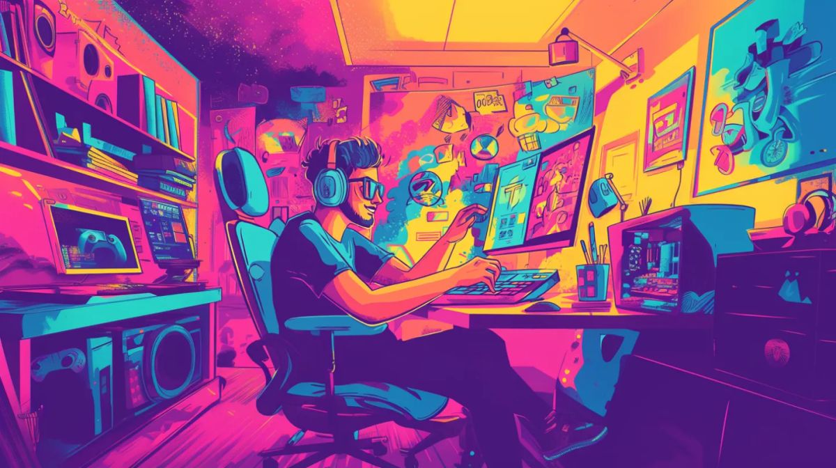 a colorful room with a designer working on his new projects