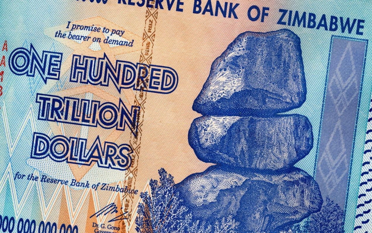Zimbabwe currency note for 100 trillion dollars