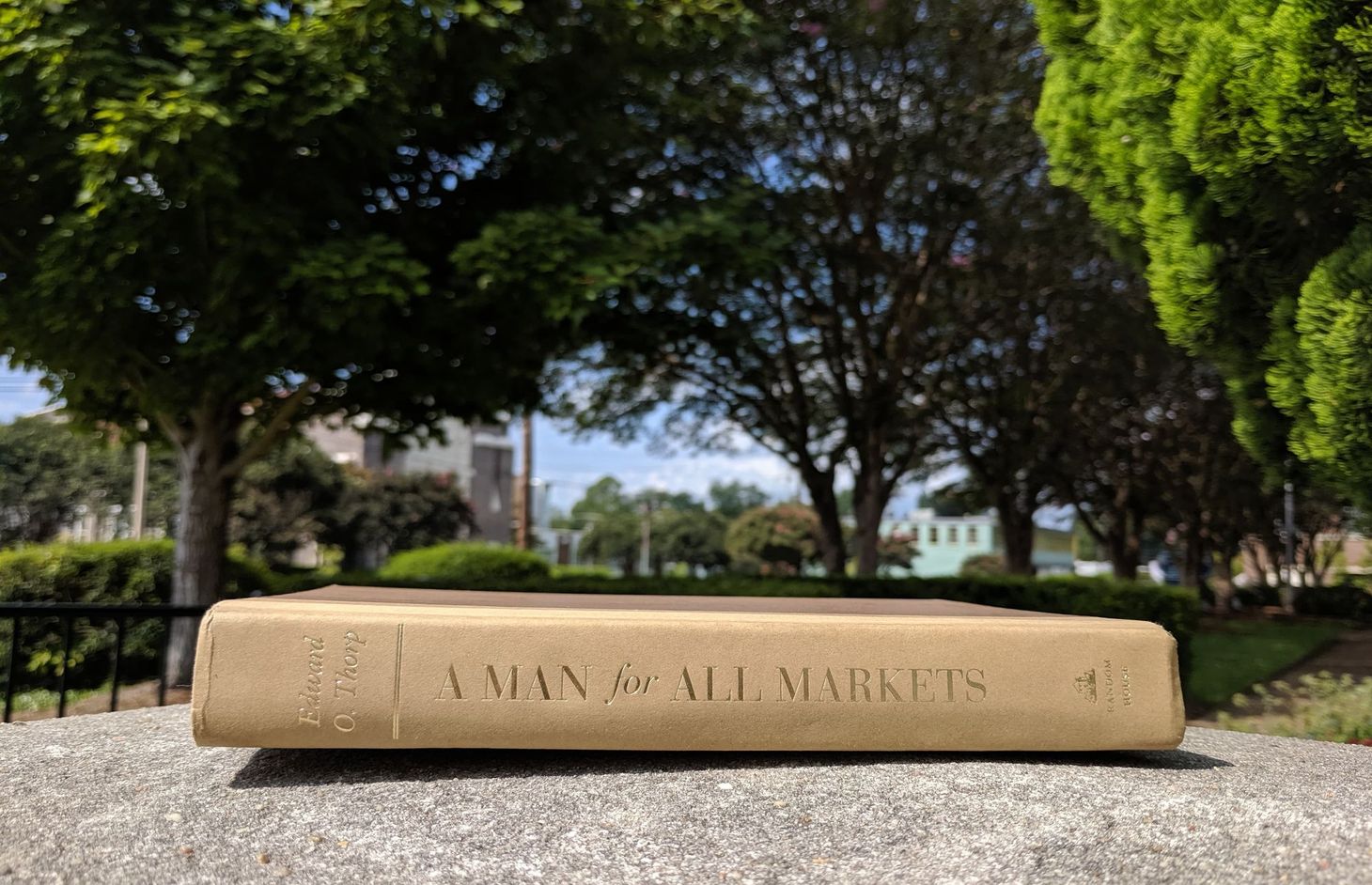 Side profile of A Man for All Markets by Edward O. Thorp on a concrete surface with trees in the background.