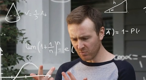 Confused man with math equations floating around his head.