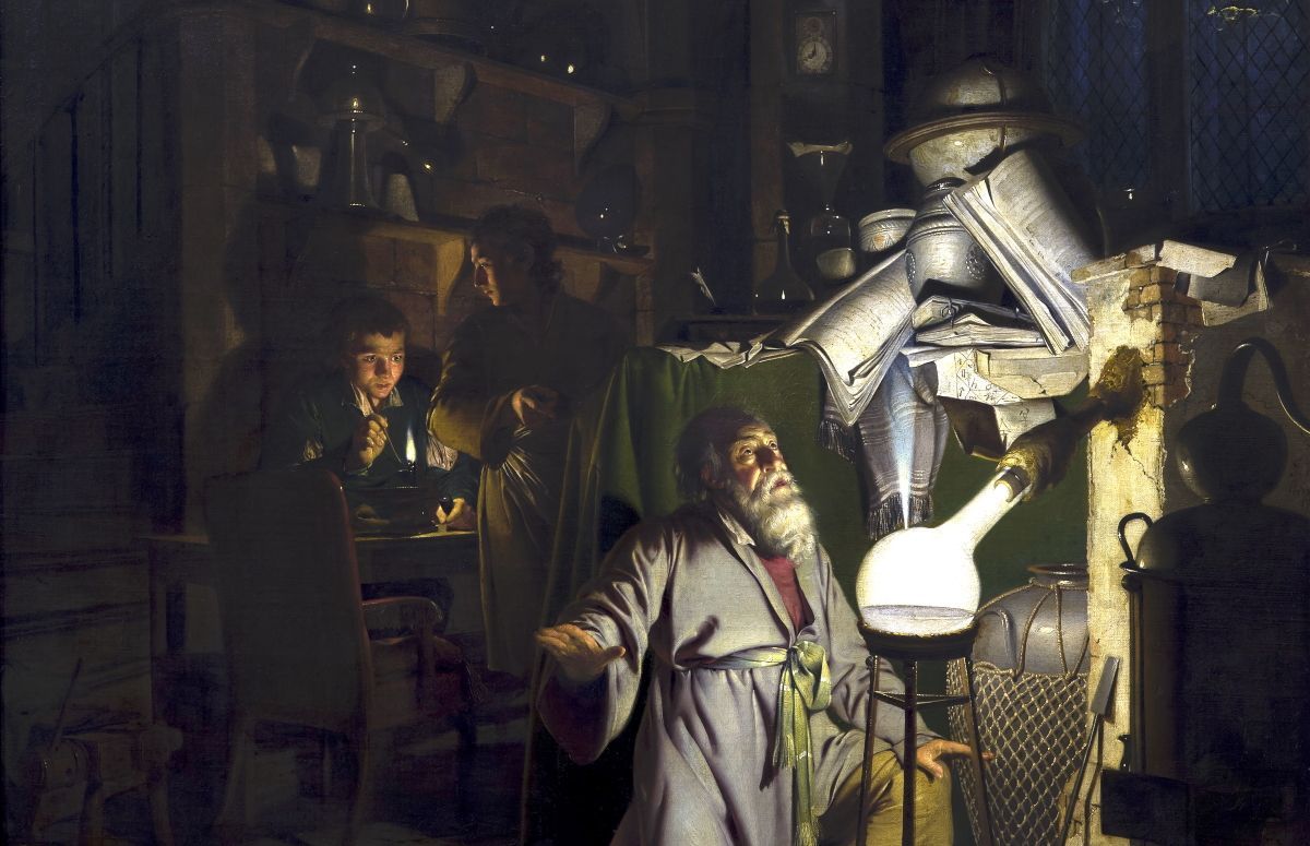 Painting of an alchemist in their workshop discovering phosphorus.
