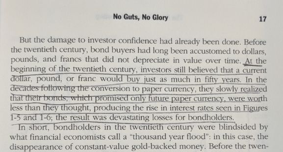 Quote from The Four Pillars of Investing by Dr. William Bernstein on how leaving the gold standard changed the nature of bond returns.