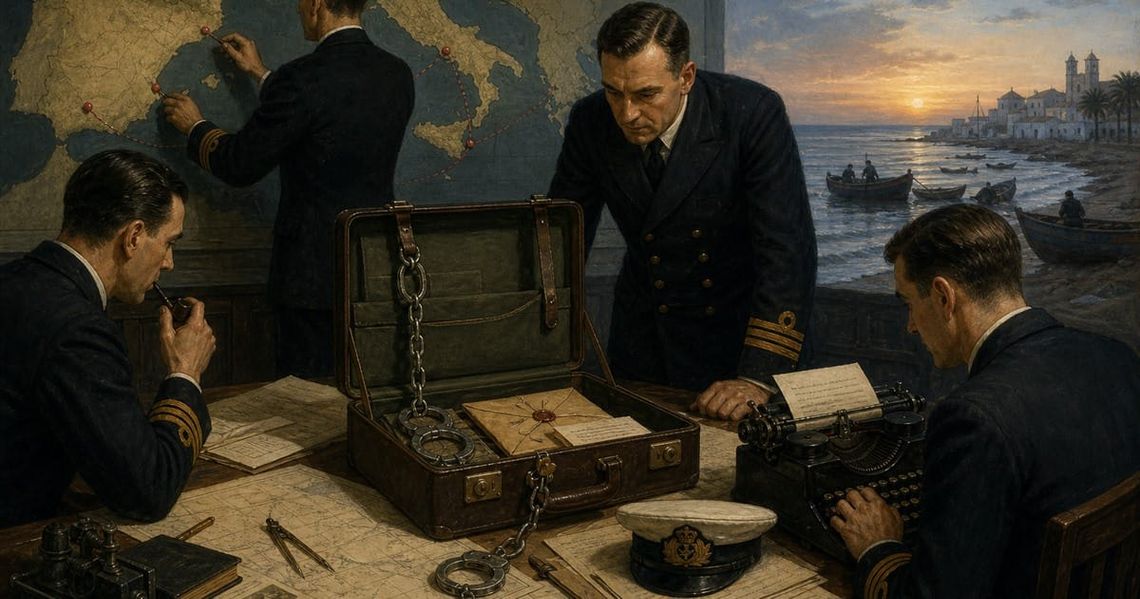 1943 оны Махан таташ ажиллагааны үеийн Британийн тэнгисийн цэргийн тагнуулын төлөвлөгөө, нууц бичигтэй цүнх болон Испанийн эргийг дүрсэлсэн түүхэн уран зураг