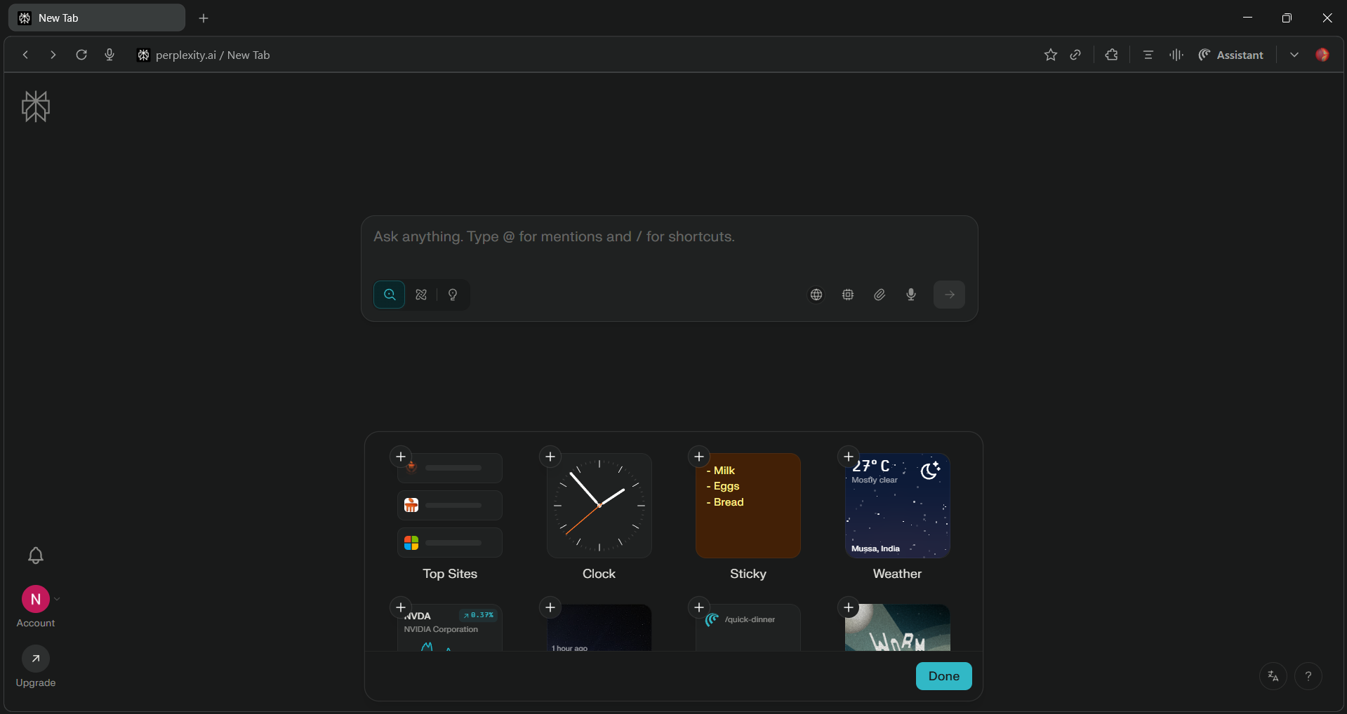 Perplexity Comet AI Browser edit widget