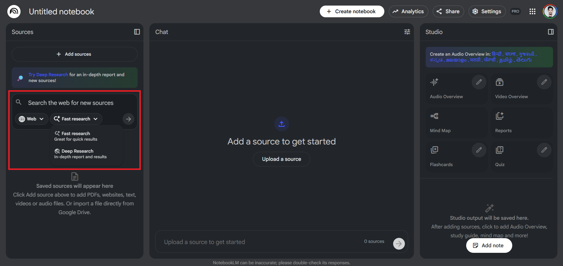 Deep research agent in NotebookLM by Google (AI Tools Club)