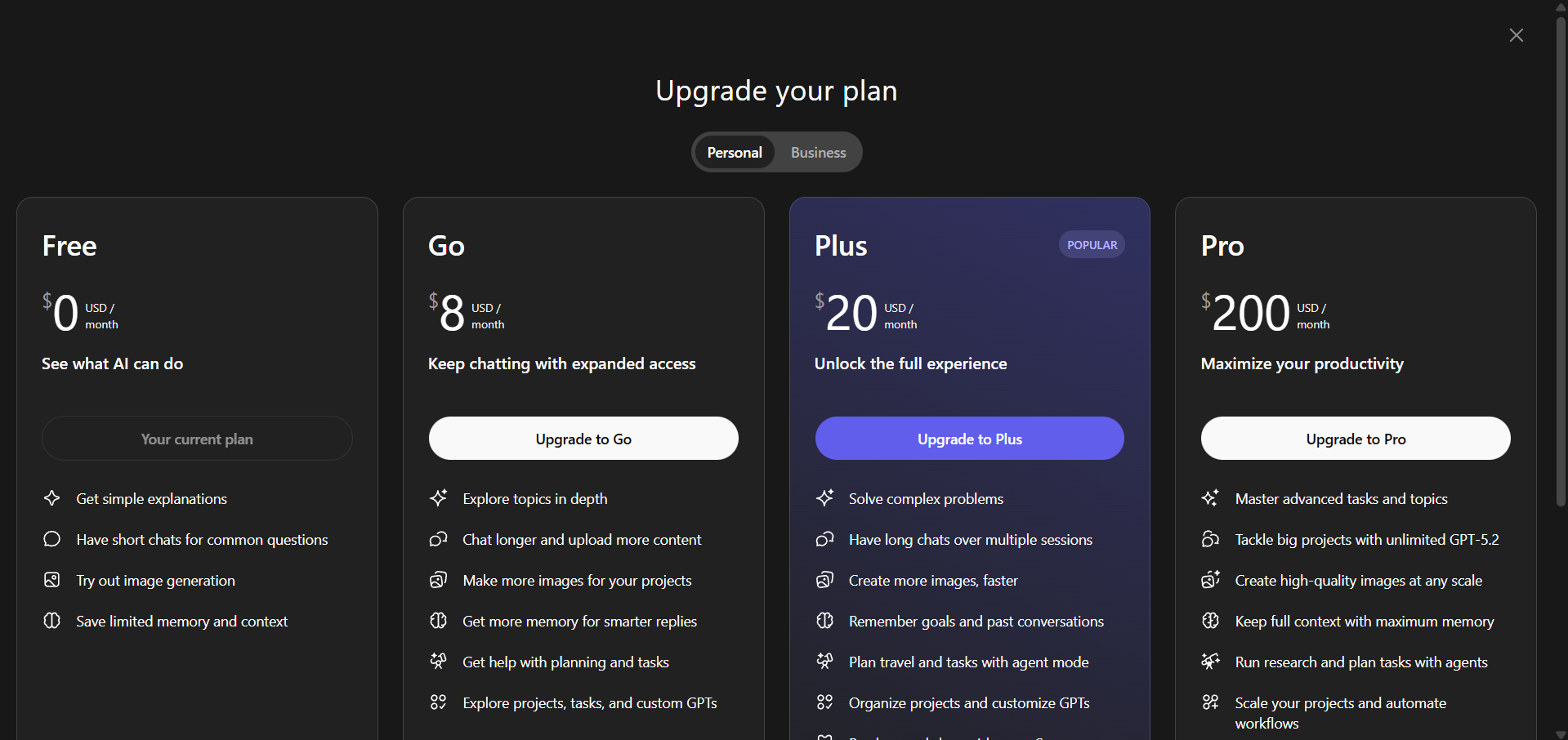 ChatGPT pricing tier/monthly subscription plans