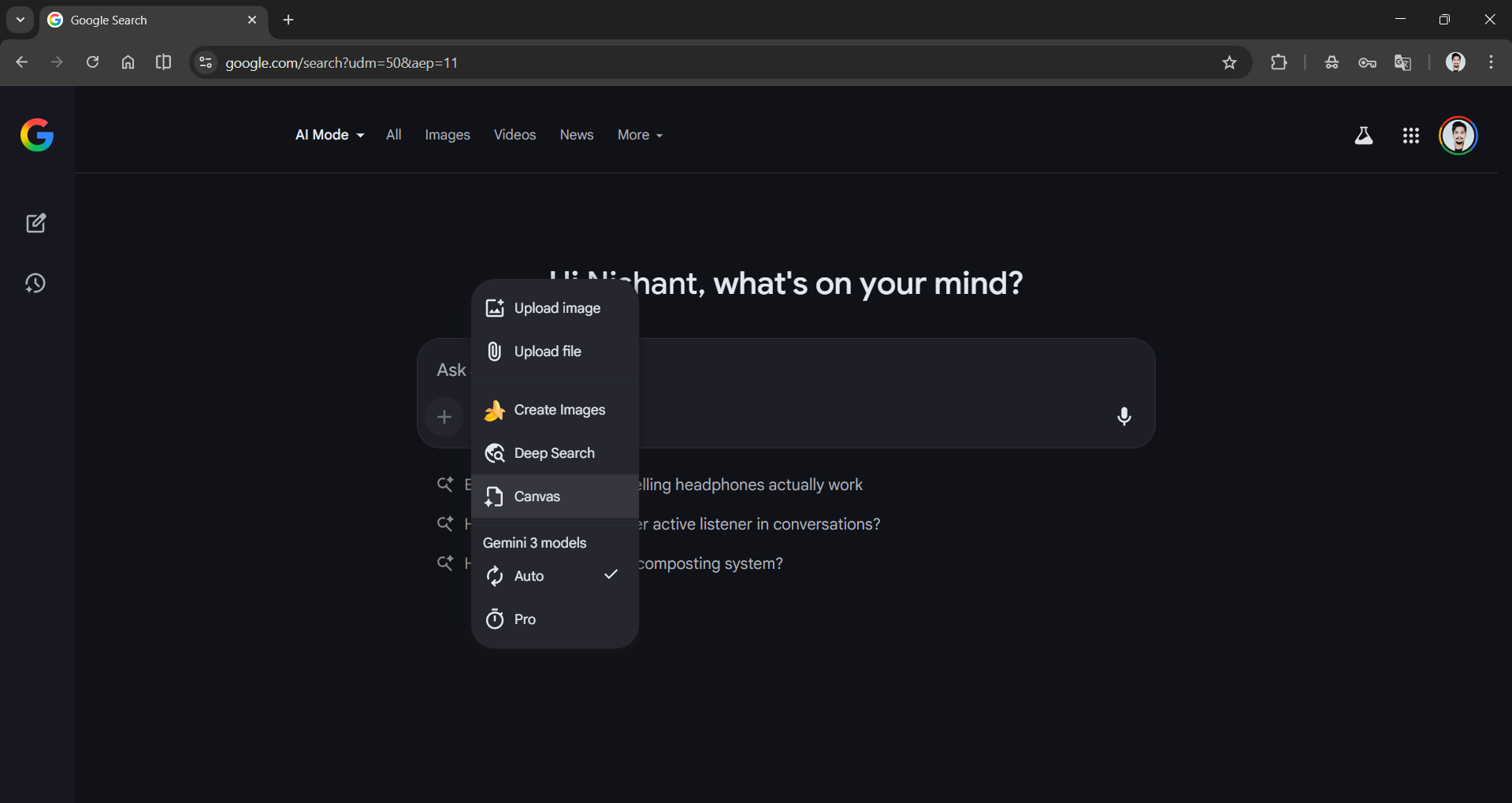 Canvas in AI Search Mode