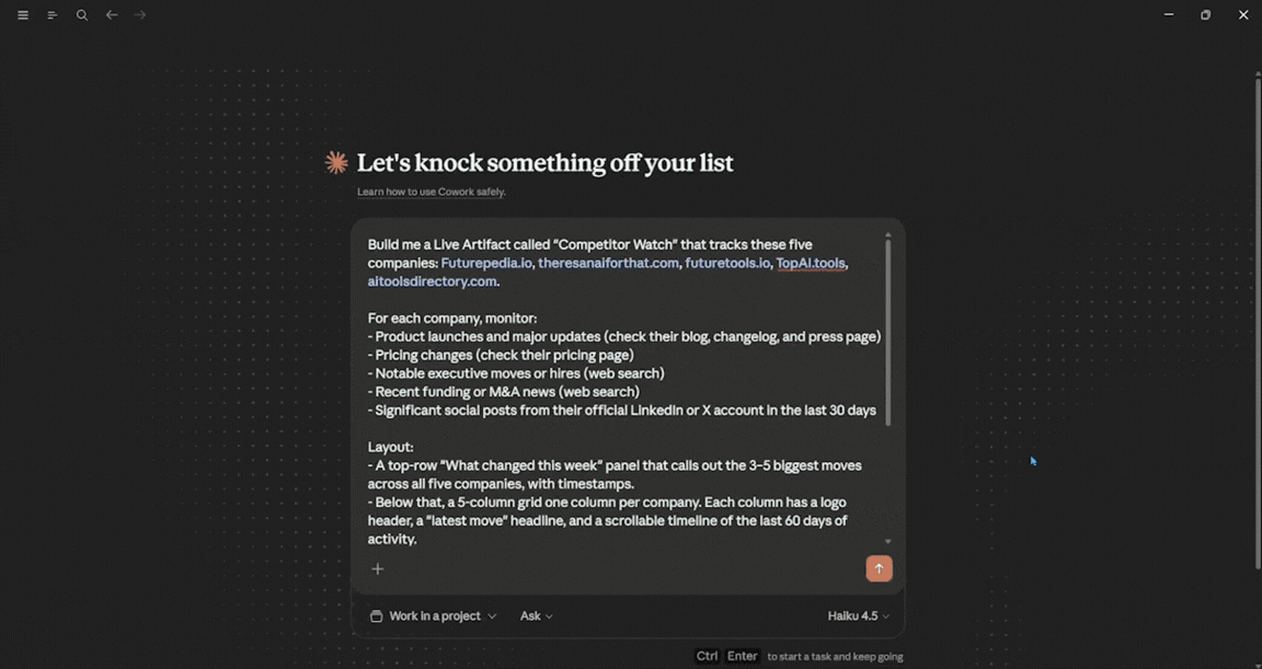 Claude Cowork Live Competitor Intelligence Dashboard