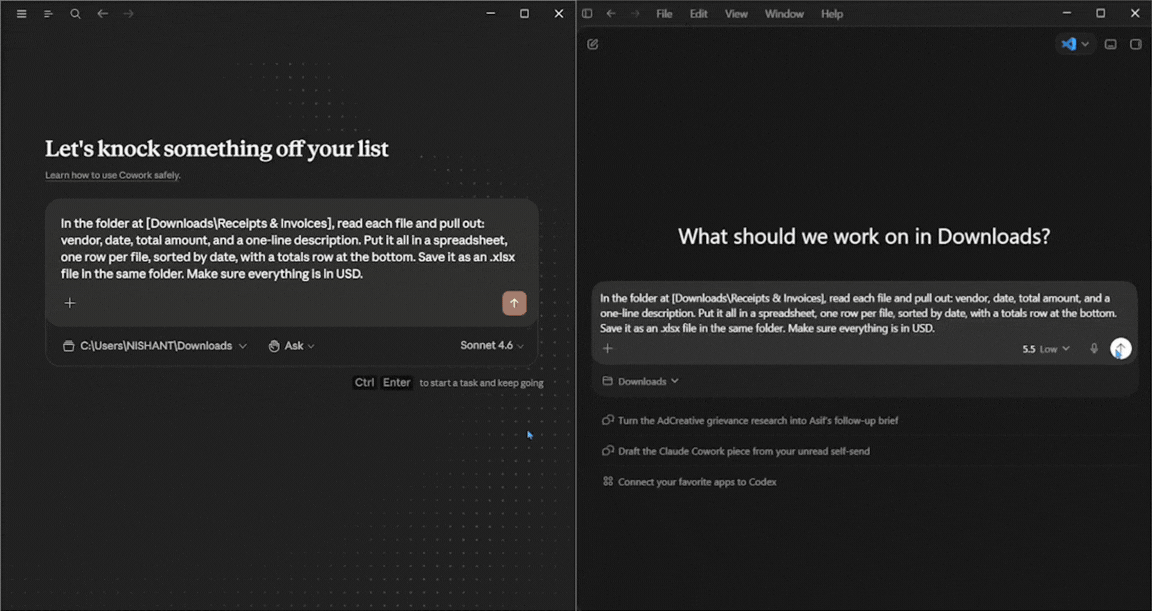 Claude Cowork vs ChatGPT Codex for Work: Receipts & Invoices -to-spreadsheet test