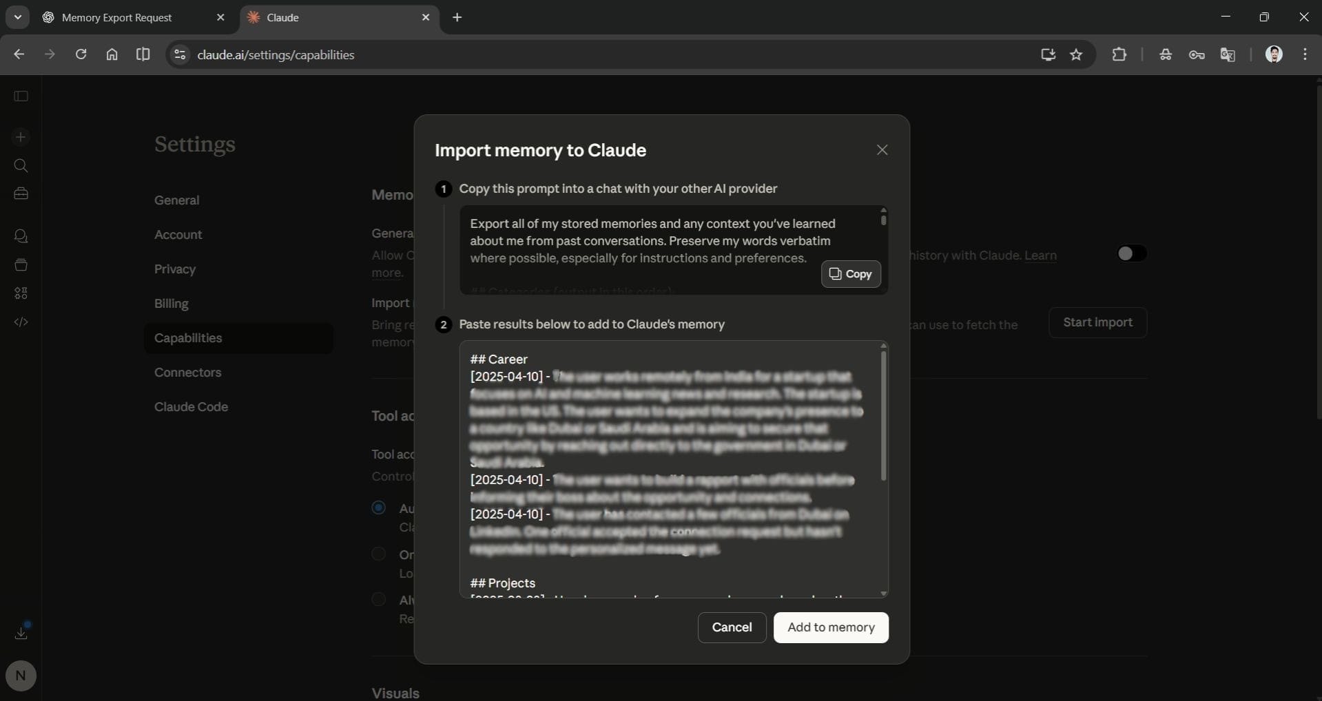 Claude memory import